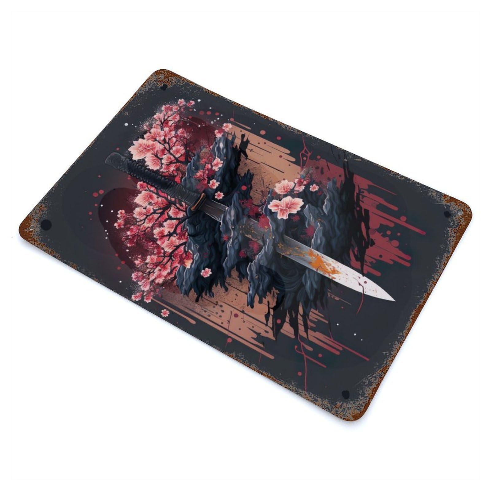 Rust Effect Lotus Katana Rusty Metal Tin Sign 11.8"x7.9", Rustic Home Decor for Living Room, Hallway And Home Decor