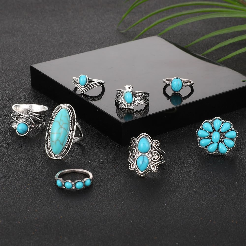 Airvess Vintage Knuckle Rings Set, Chunky Turquoise Stackable Rings, Silver Joint Finger Stacking Rings, Bohemian Western Jewelry for Women