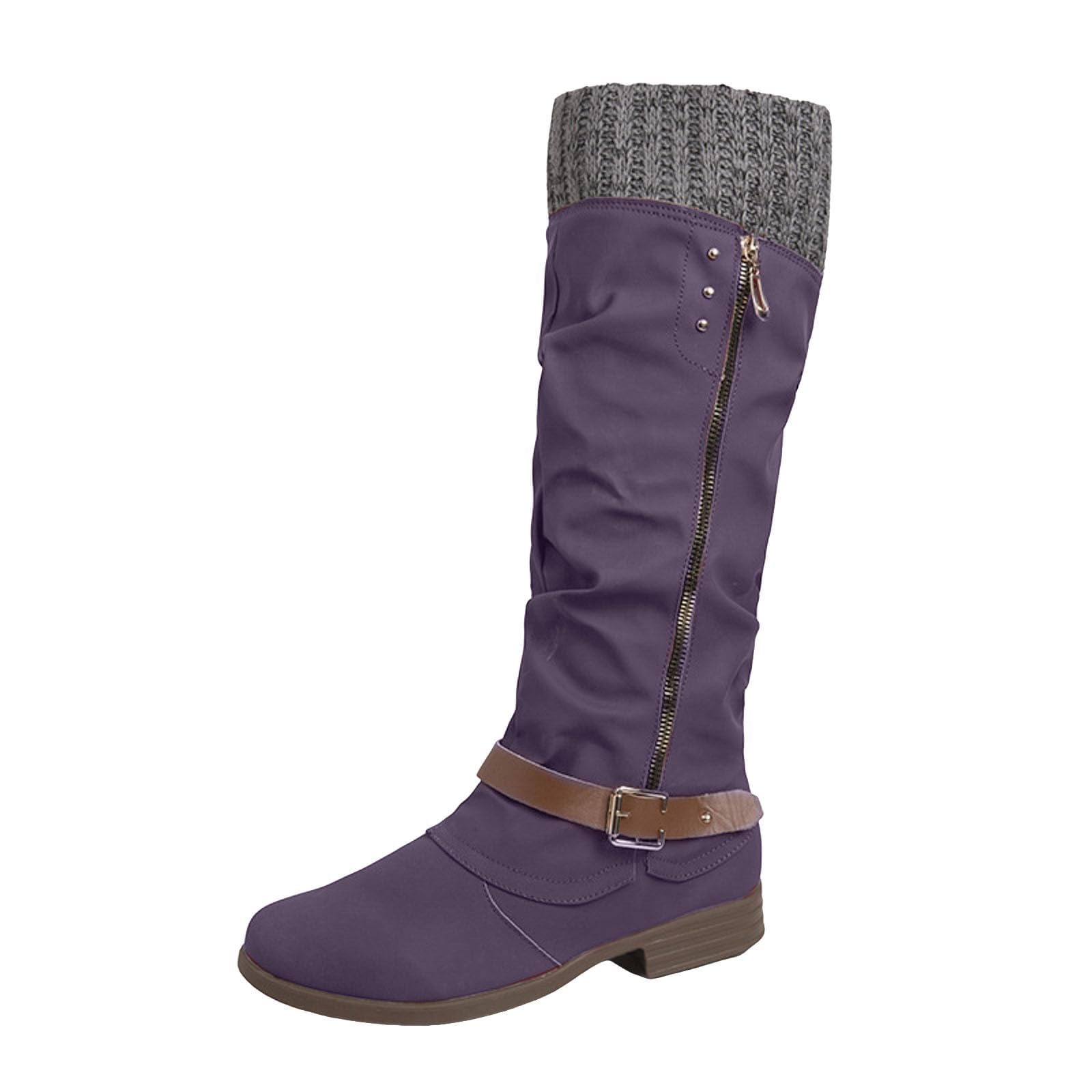 ZSpzx Women Riding Knee High Boots Slouchy Ruched Leather Knit Cuff Buckle Straps Chunky Block Heels Round Toe