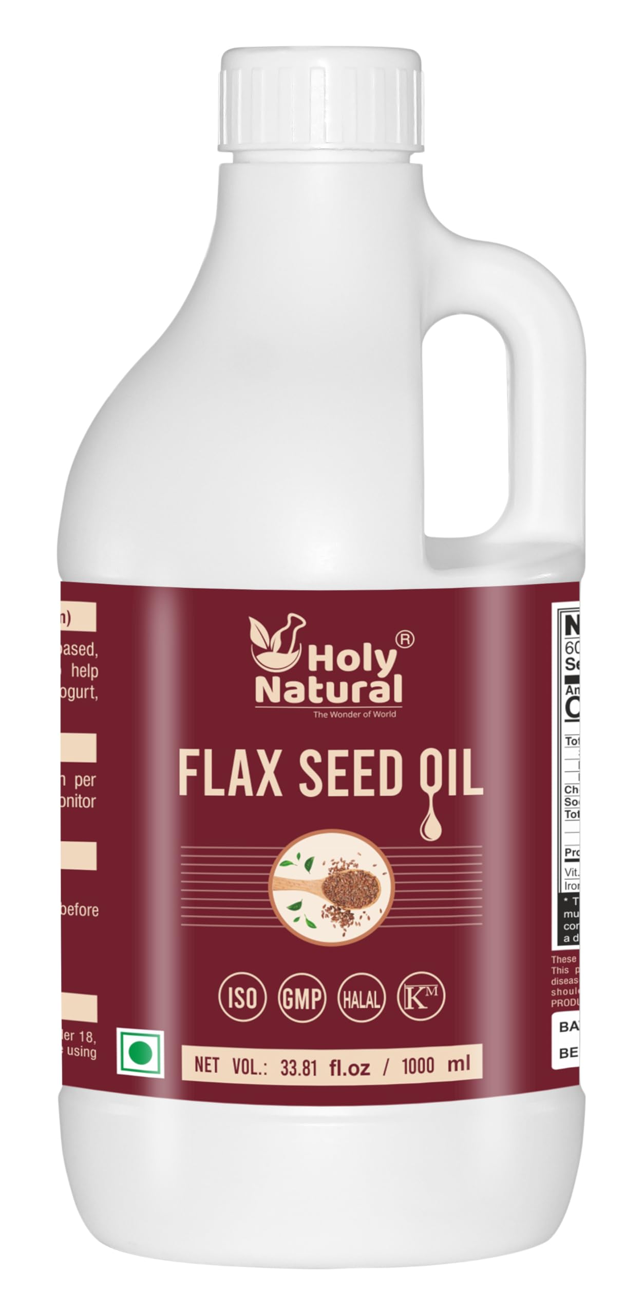 Holy Natural's Flax Seed Oil 33.81 floz, 100% Pure & Natural, Virgin Cold Pressed, with Omega 3,6 and 9, Good Supplement to Your Diet
