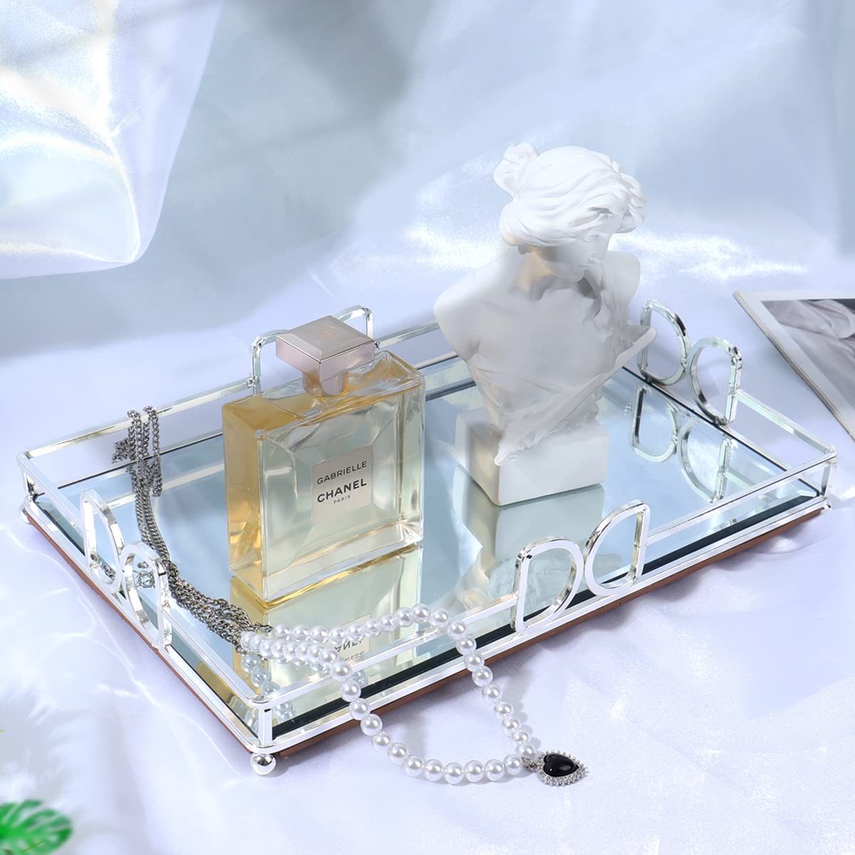 silver perfume tray for dresser Long Vintage Vanity Tray | Heavy Patina Silver Perfume Tray