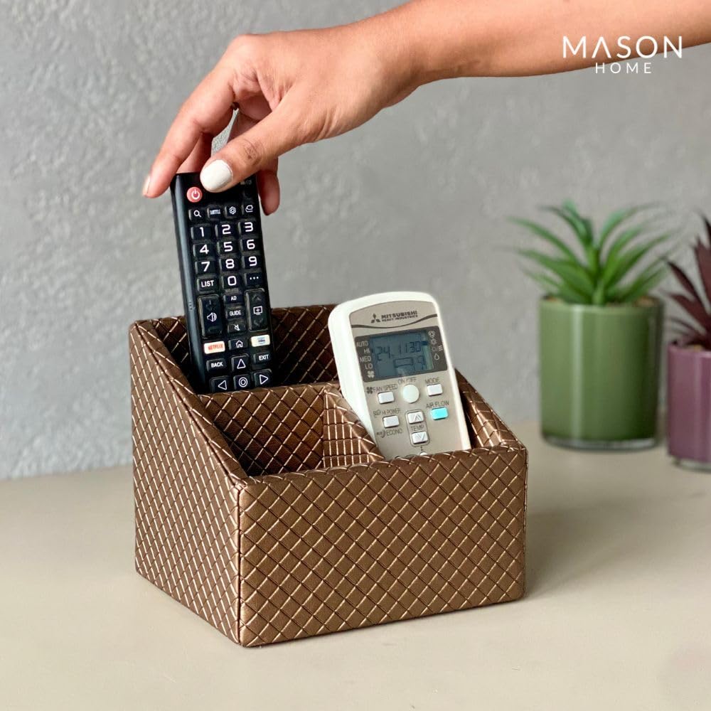 MASON HOME Vegan Leather & Mdf Braided Brown Remote Holder - 1Pc - L 6.25" x B 5" x H 5"|Decorative Multifunctional Space Saving Organizer Stand|Rom - Table - Desk|AC TV Controller-Gadgets,Stationary 4