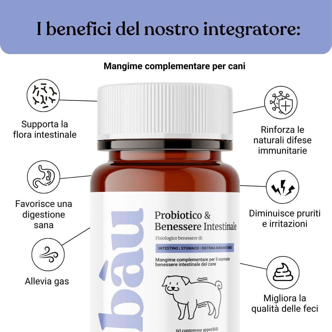 Bau Probiotici per Cani, Fermenti Lattici Cane, Supporto Gastrointestinale Cane, Probiotico Digestivo per Cani Prurito, Integratore Diarrea Cane con Ingredienti Naturali, Probiotico Cane -60cps