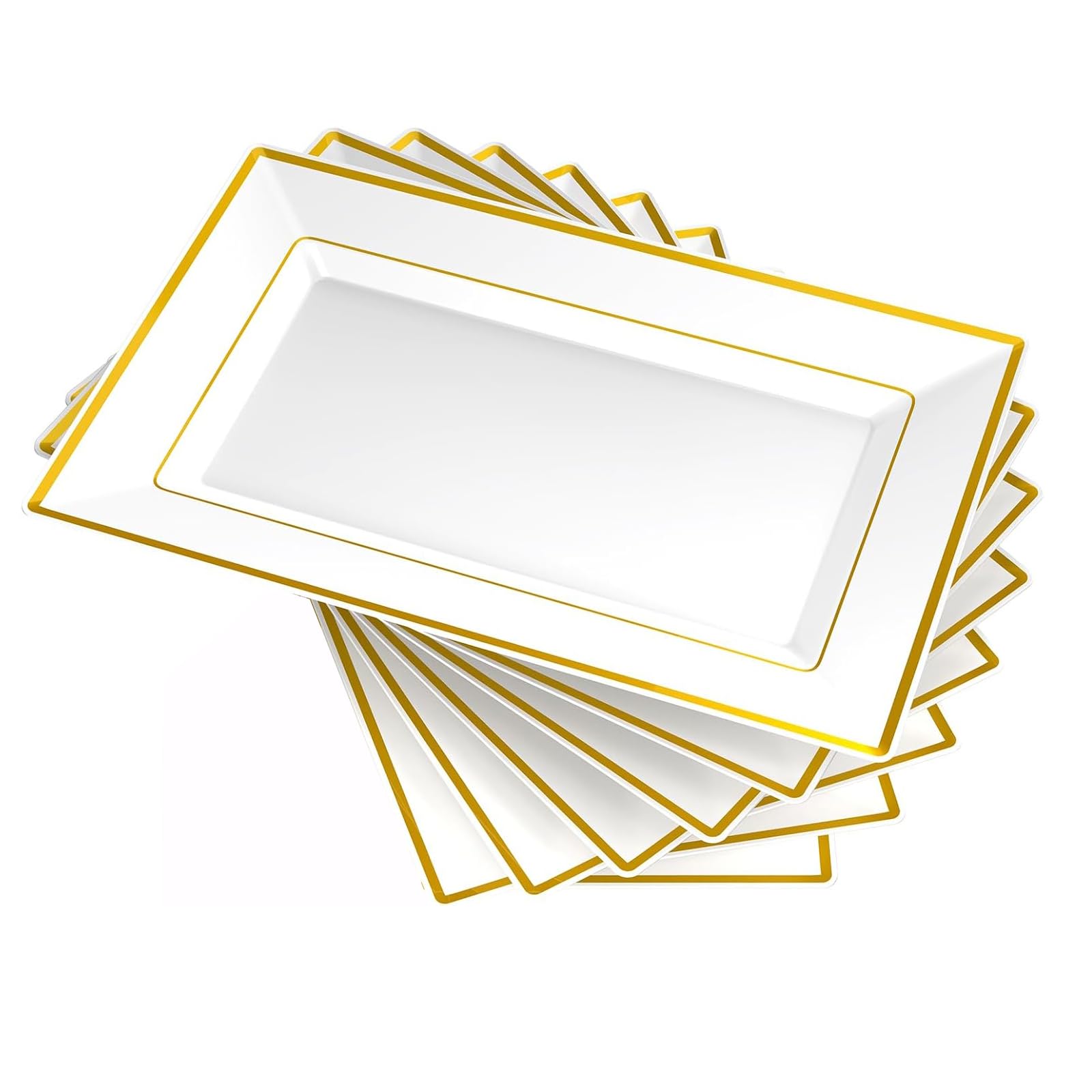 Elegant Plastic Serving Platters, 6 Pcs Large Plastic Serving Trays, Rectangle Reusable White&Gold Dinner Plates Set for Parties Snack Food Dessert Sandwiches Cheese Crackers