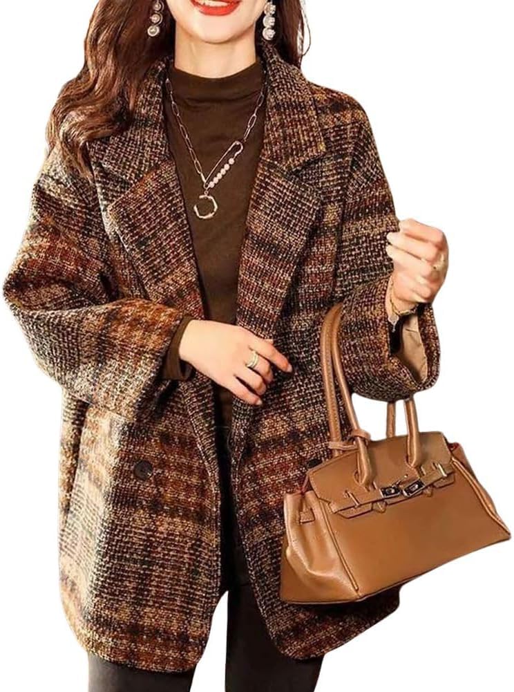 Cappotto Scozzese Invernale da Donna Giacca Blazer Doppiopetto con Risvolto Elegante con Tasche Giacca Formale Giacca Blazer Divisa con Risvolto Casual