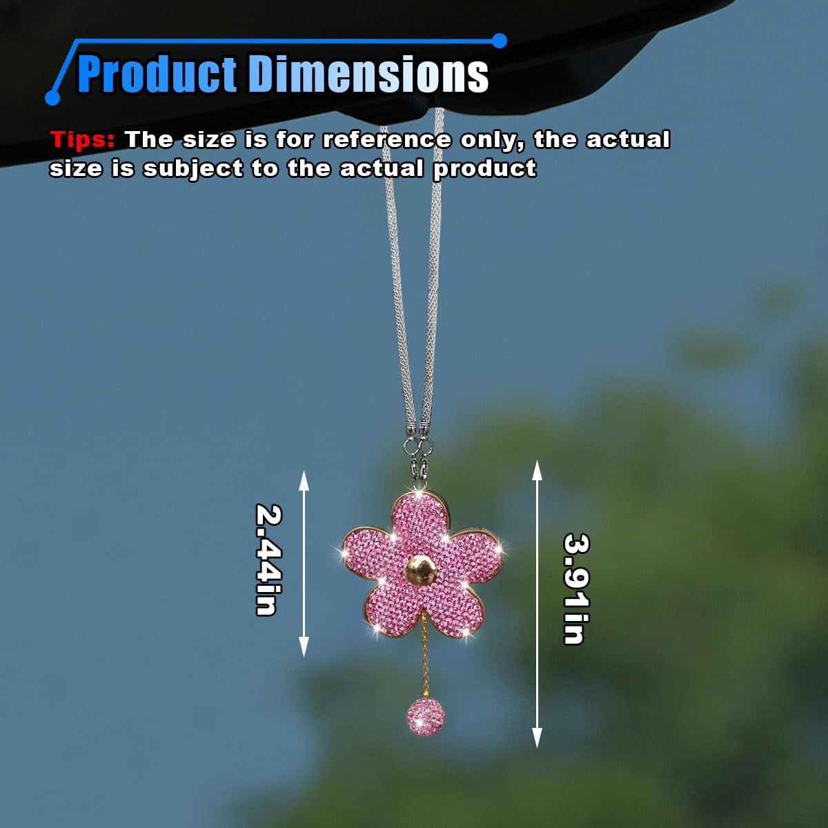Bling Car Hanging Charm Accessories, Crystal Flower Car Rear View Mirror Pendant Decoration, Car Interior Ornament Accessories for Women Girls Presents (Pink) image 2