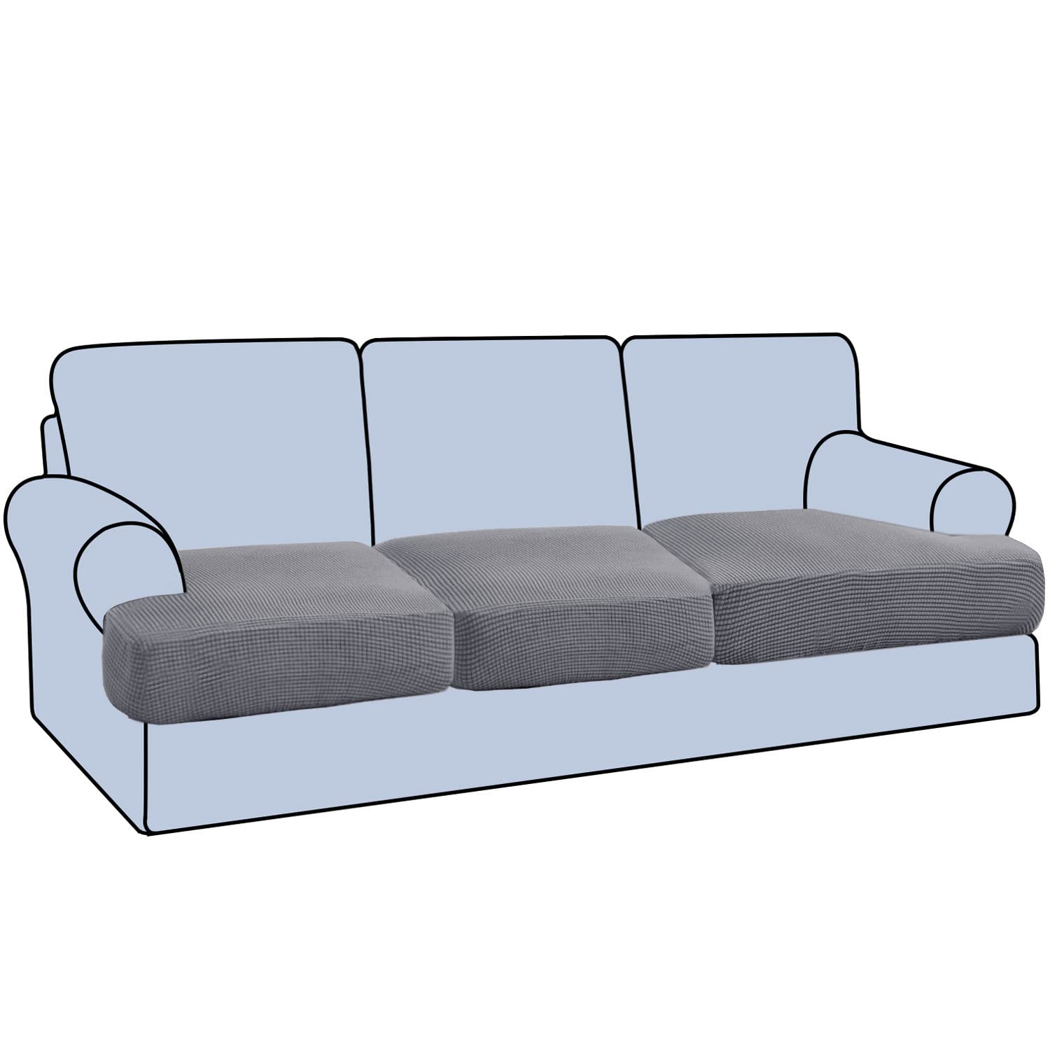 KYJSW T-shaped/Rectangular Sofa Cushion Cover, Tartan Stretch Non-slip Individually Sofa Slipcovers with Elastic Bottom and Straps (Light grey,3-seater)