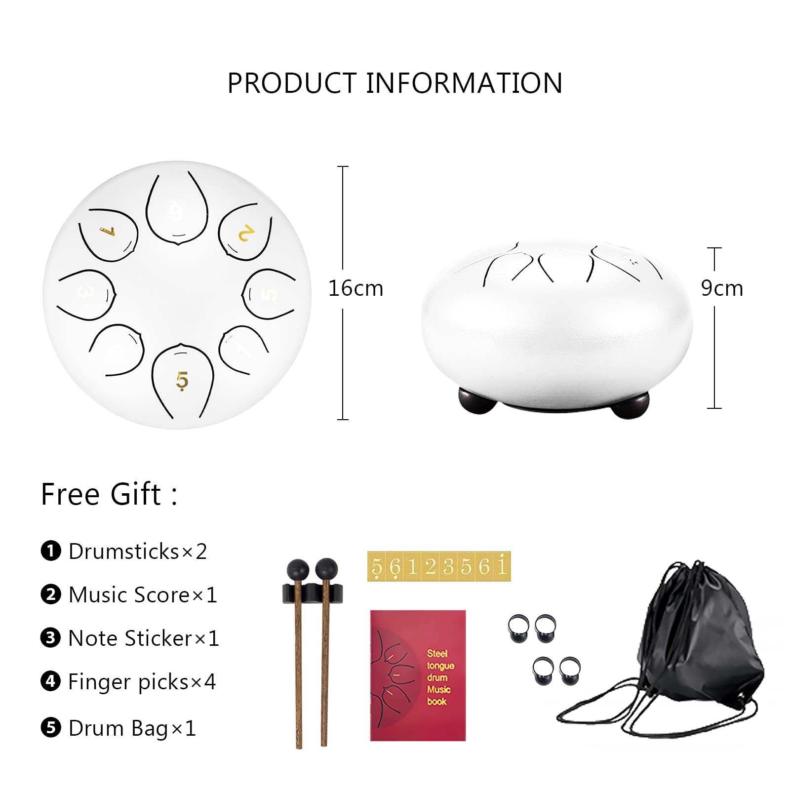 SONARIN Tambour de Langue en Acier Tongue Drum 8 Notes 6 Pouces,Tambour Handpan Steel Tongue Drum Instrument à Percussion avec 2 Baguettes,Sac de Transport,Livre de Musique,4 Médiators(Blanc)