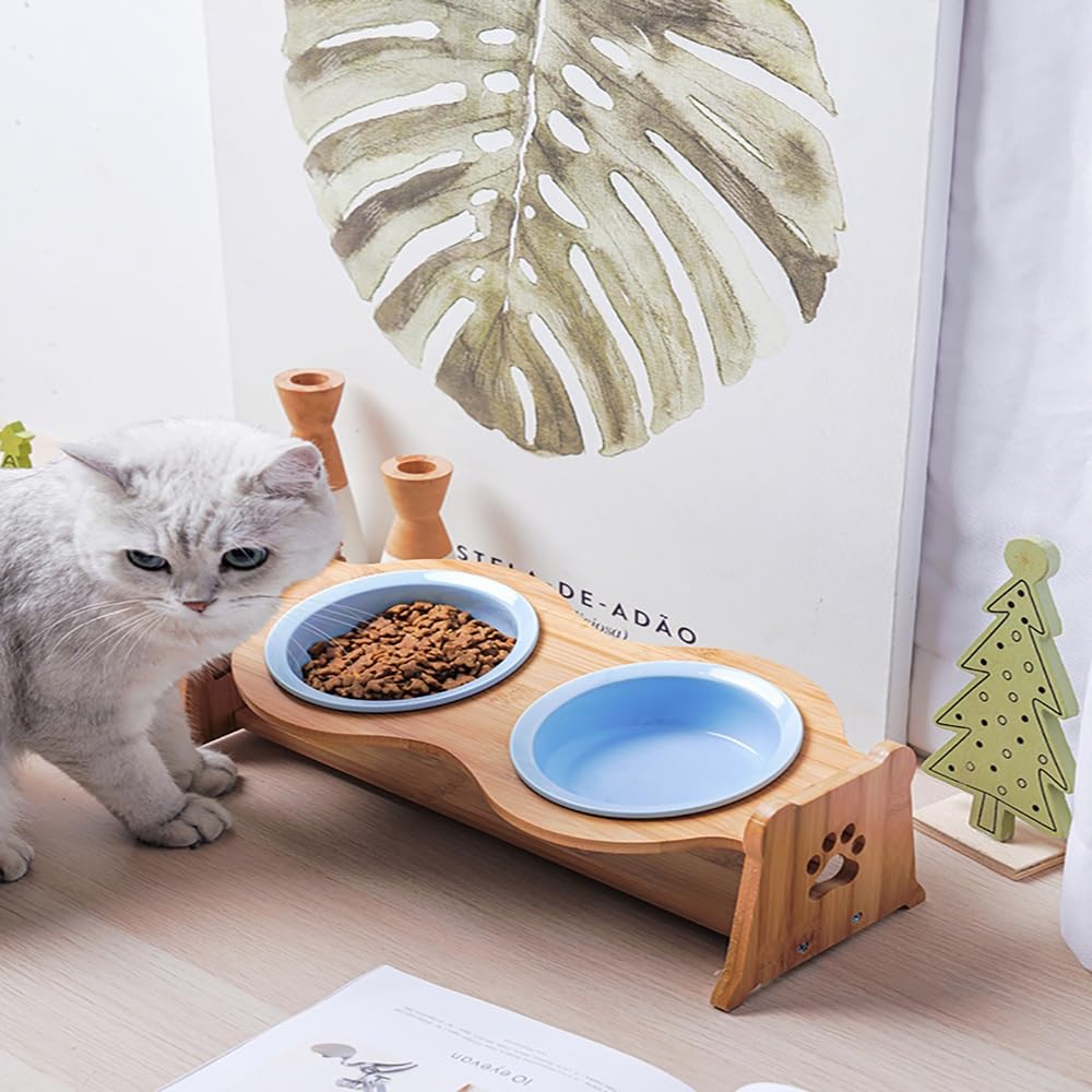 Ceramiczna Miska Z Regulacją Wysokości Dla Zwierząt | Podwyższony Podajnik Dla Zwierząt, Wygodny Do Karmienia(Blue Double Bowl)
