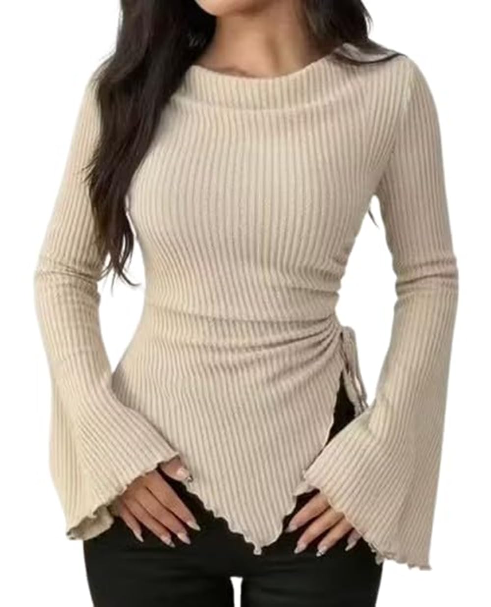 gorbetali Ribbed Bell Sleeve | Round Neck Slim Fit Stretchable for Casual-picture-54