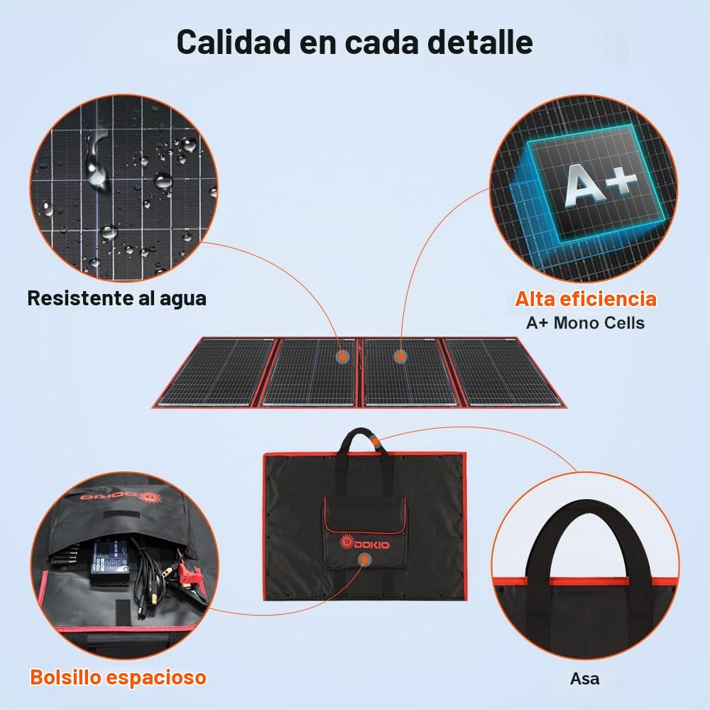 DOKIO Kit de panel solar plegable portátil de 200 W para carga de batería de 12 V, se pliega a 20 x 27 pulgadas y pesa 9 libras; incluye controlador y USB dual; para baterías de 12 V, estaciones