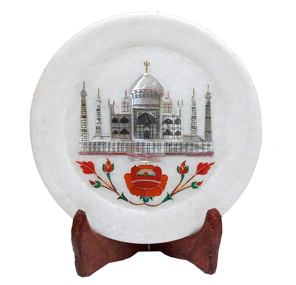 Qadri Handicrafts Handcrafted Marble Taj Mahal Inlay Wall Plate for Home, Office and Perfect Gifts. (Orange)