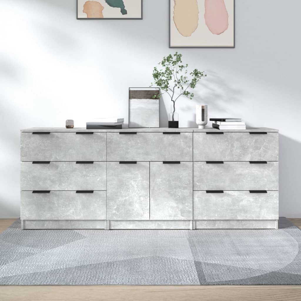 3-częściowy zestaw kredensów betonowo-szary materiał drewnopochodny z 3 szufladami każda 60 x 30 x 70 cm miejsce do przechowywania mebli kuchennych, salonu, komody uniwersalne, wytrzymałe i