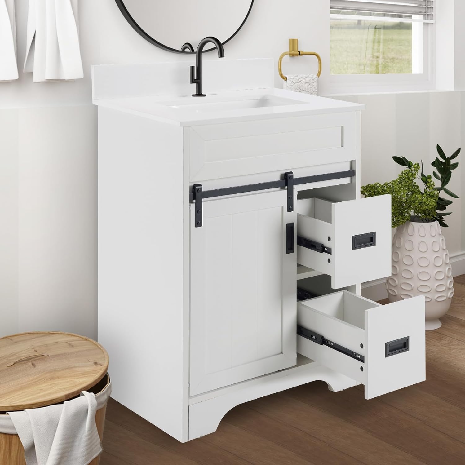 24 Inch White Bathroom Vanity Set - MDF+Metal Construction, with Sink,with Sliding Barn Doors and 2 Drawers, Freestanding Bathroom Vanities, White