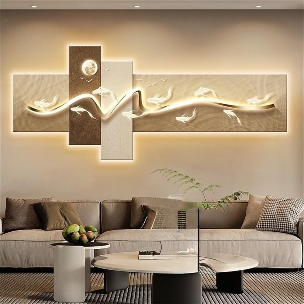 ITOSUI Luxurious Modern Wall Decor, LED Hanging Mural, Wall Art with Nine-Fish Pattern, Crystal Porcelain Mural for Living Room, Entryway(Brown,47.2 * 19.7in)