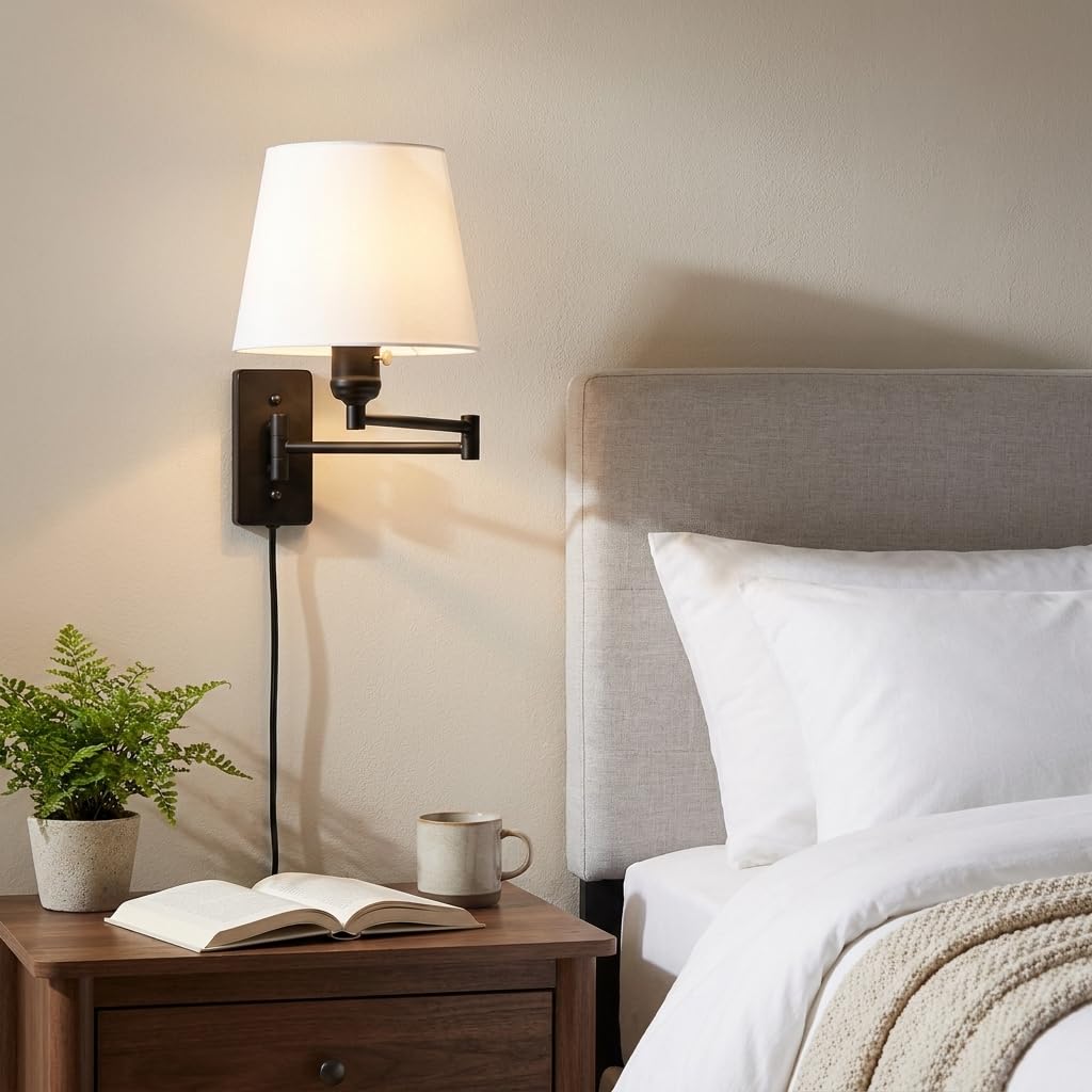 B·LED BARCELONA LED BarcelonaLED Wandleuchte mit Gelenkarm, nordisches Schwarz, modern, mit Steckerkabel und Schalter, Stoffschirm, weiß, E27-Fassung für Lesen Schlafzimmer Nachttisch Hotel