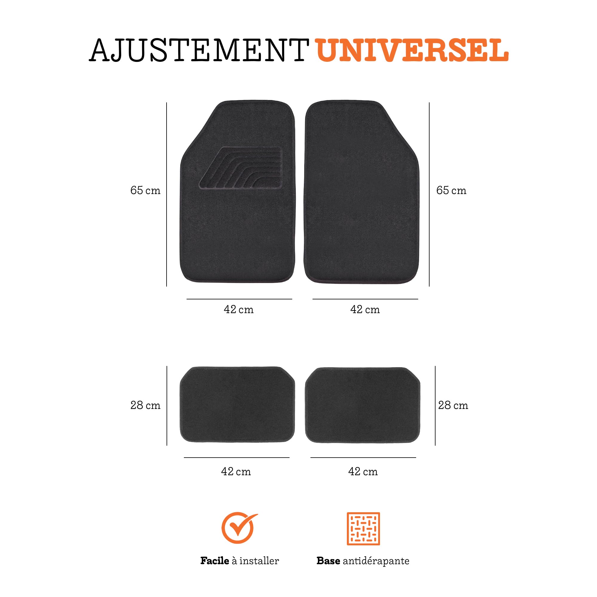 Tapis de Voiture universels, Lot de 4 pièces (2 Avant + 2 arrière), Tapis Moquette pour Sol, Tapis antidérapants, faciles à Nettoyer, Accessoires pour l'intérieur de la Voiture
