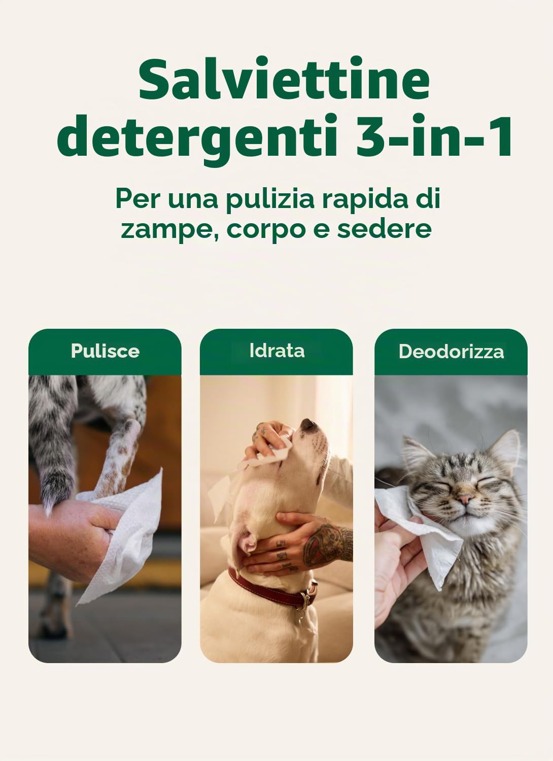 Earth Rated Salviette ipoallergeniche per Cani, puliscono ed eliminano Gli odori da Zampe, Corpo e Sedere, Senza Profumo, 100 Pezzi