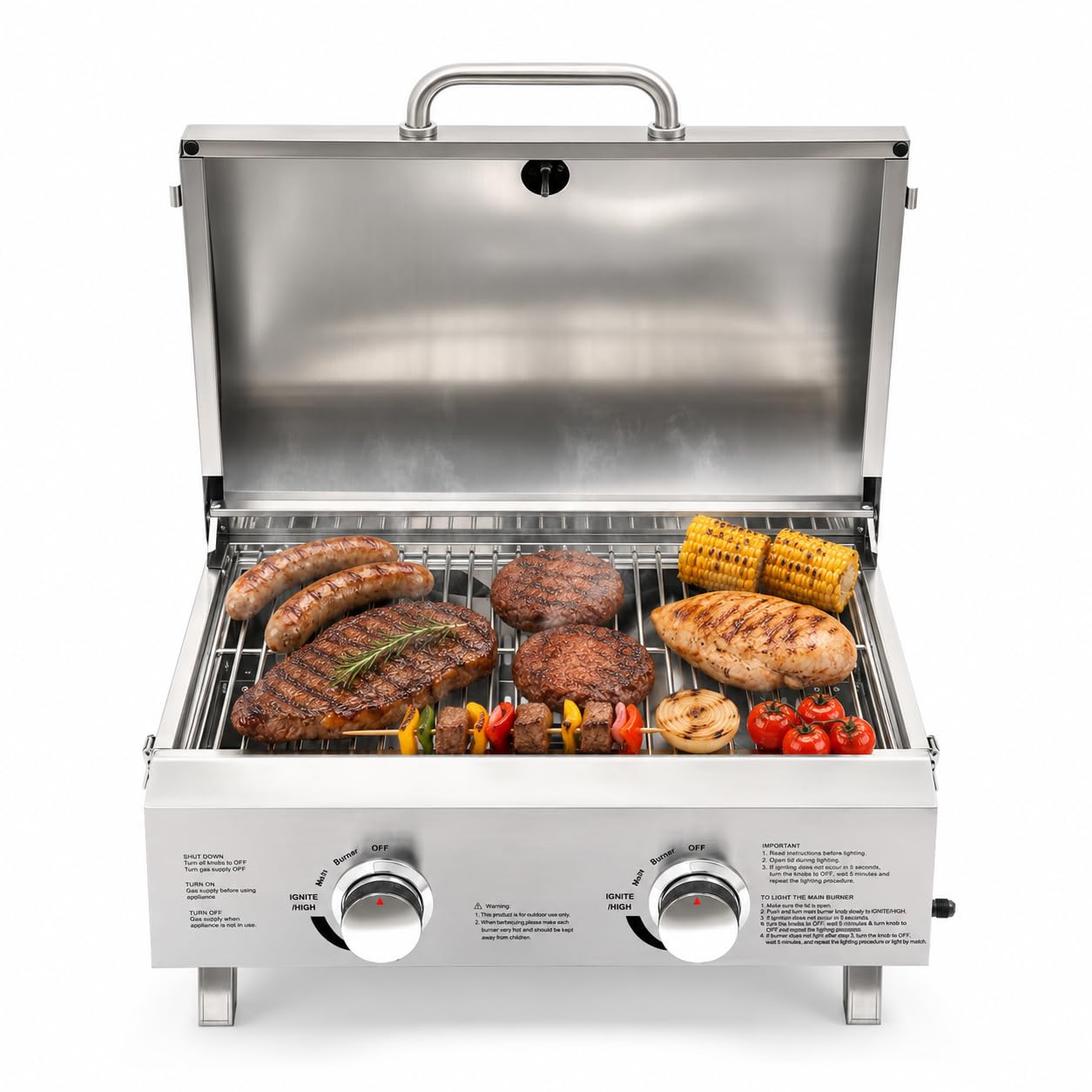 Grill gazowy, 2 palniki, kompaktowy grill gazowy ze stali nierdzewnej, przenośny, kempingowy grill gazowy LPG z rusztem do grillowania, termometrem i kamieniem do pizzy, do ogrodu, na taras, piknik i