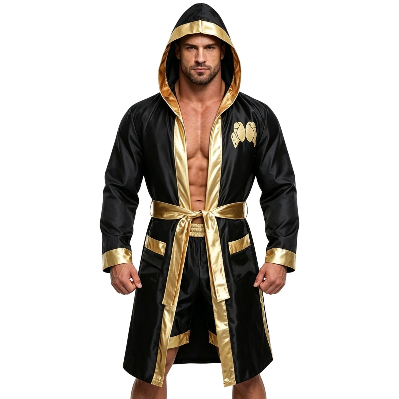 HAPNBCELE 3PCS Mens Boxing Robe Costume Halloween Party (L, Black)