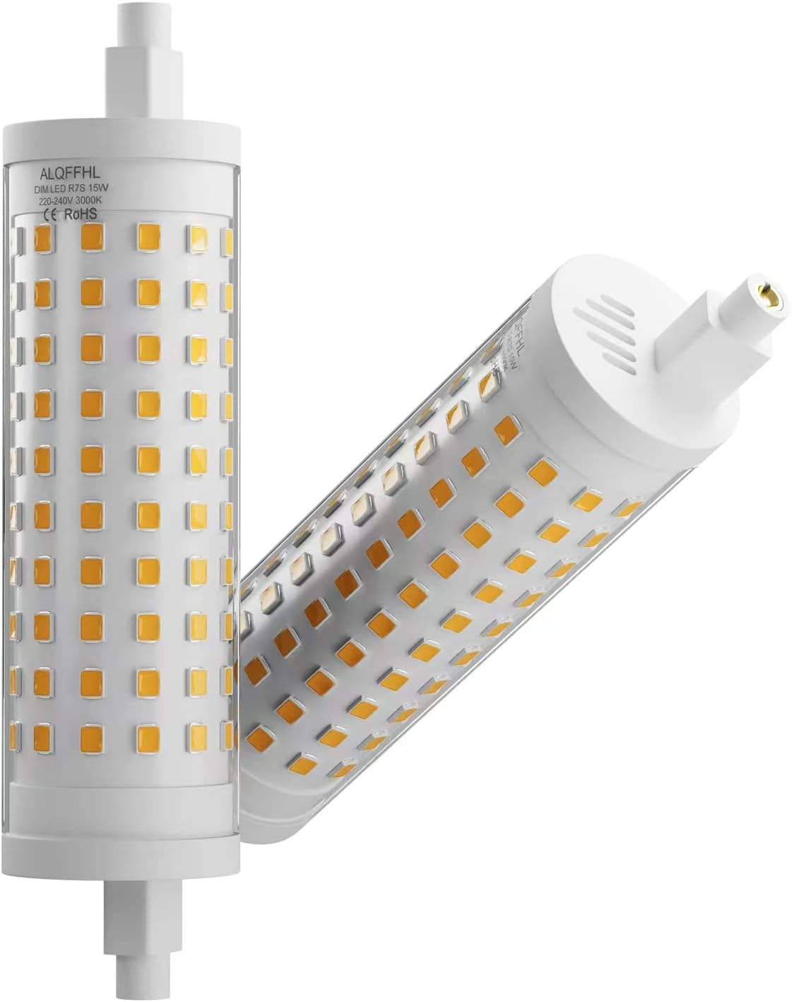 R7S 118mm Bombilla LED Regulable, 15W LED Lineal Doble Terminación Tipo J Luces de Inundación (150W Halógeno Equivalente), 3000K 1500LM, Lámparas de Pared/Seguridad/Suelo, Paquete de 2 (Blanco Cálido)
