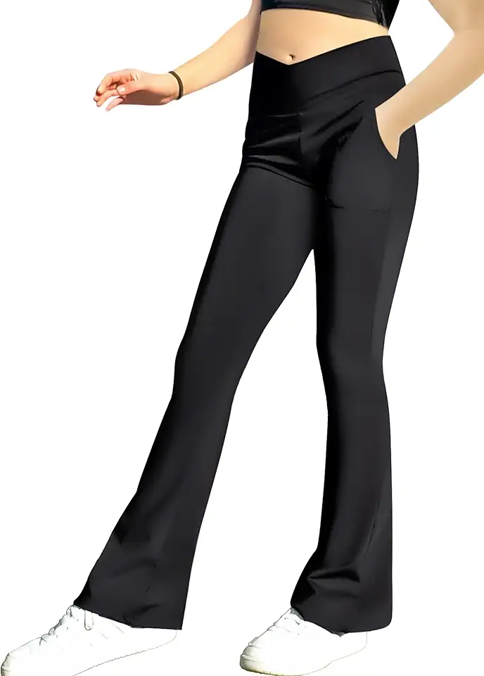 Gnainach Girls' Leggings Cross Flare Pants with Pockets Black Soft Stretchy High Waisted Pants for Kids Child Yoga Dance