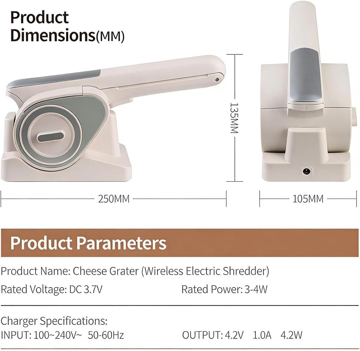 Rallador de queso eléctrico inalámbrico, triturador giratorio recargable de mano con 2 tambores para cocina diaria