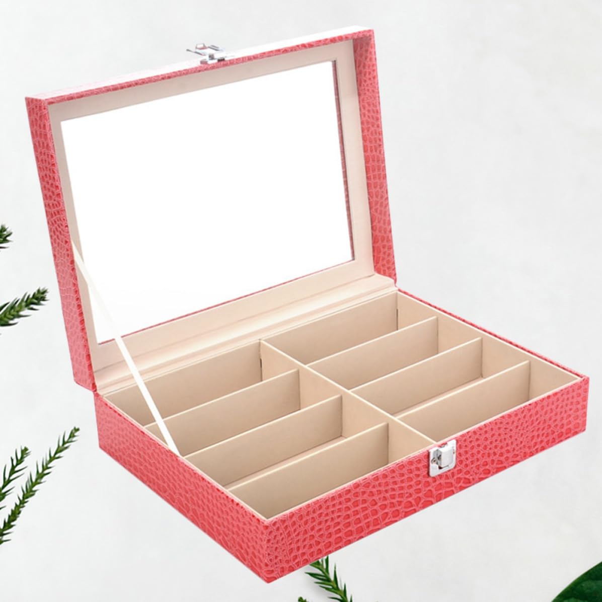 Brillen Aufbewahrungsbox mit 8 Fächern aus Pu und Mdf mit Glasdeckel