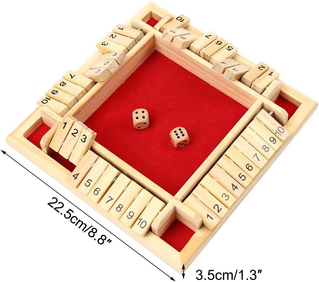 Wooden Shut The Box Game, 10-Number Dice Game for 2-4 Players, for Parties and Friends Gatherings, Classic Tabletop Board Game
