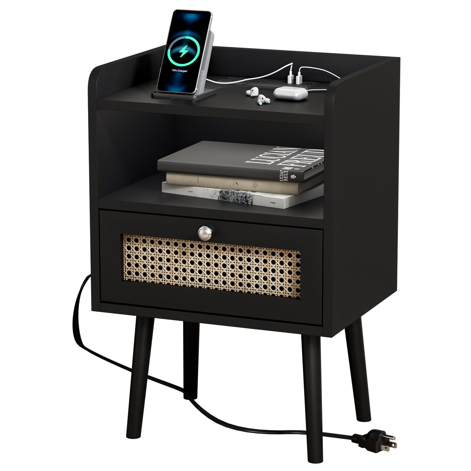 SANYOAC Black Nightstand Set of 2 with Charging Station, Nightstand with Rattan Decor, Black End Tables for Bedroom, Bed Side Table with Open Storage, for Bedroom, Living Room