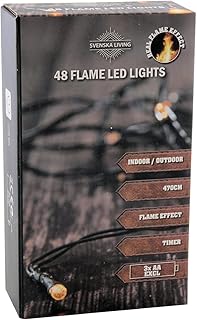 Guirnalda de luces LED con temporizador de batería, efecto de llama, color blanco cálido para uso en interiores y exteriores (48 para exteriores)