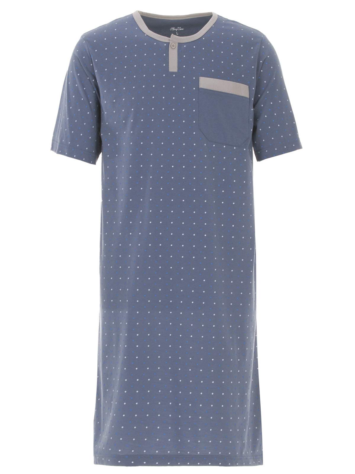 Henry Terre Men's Short-Sleeved Nightdress with Polka Dots, Chest Pocket, Loungewear, Crew Neck, Button, Sizes