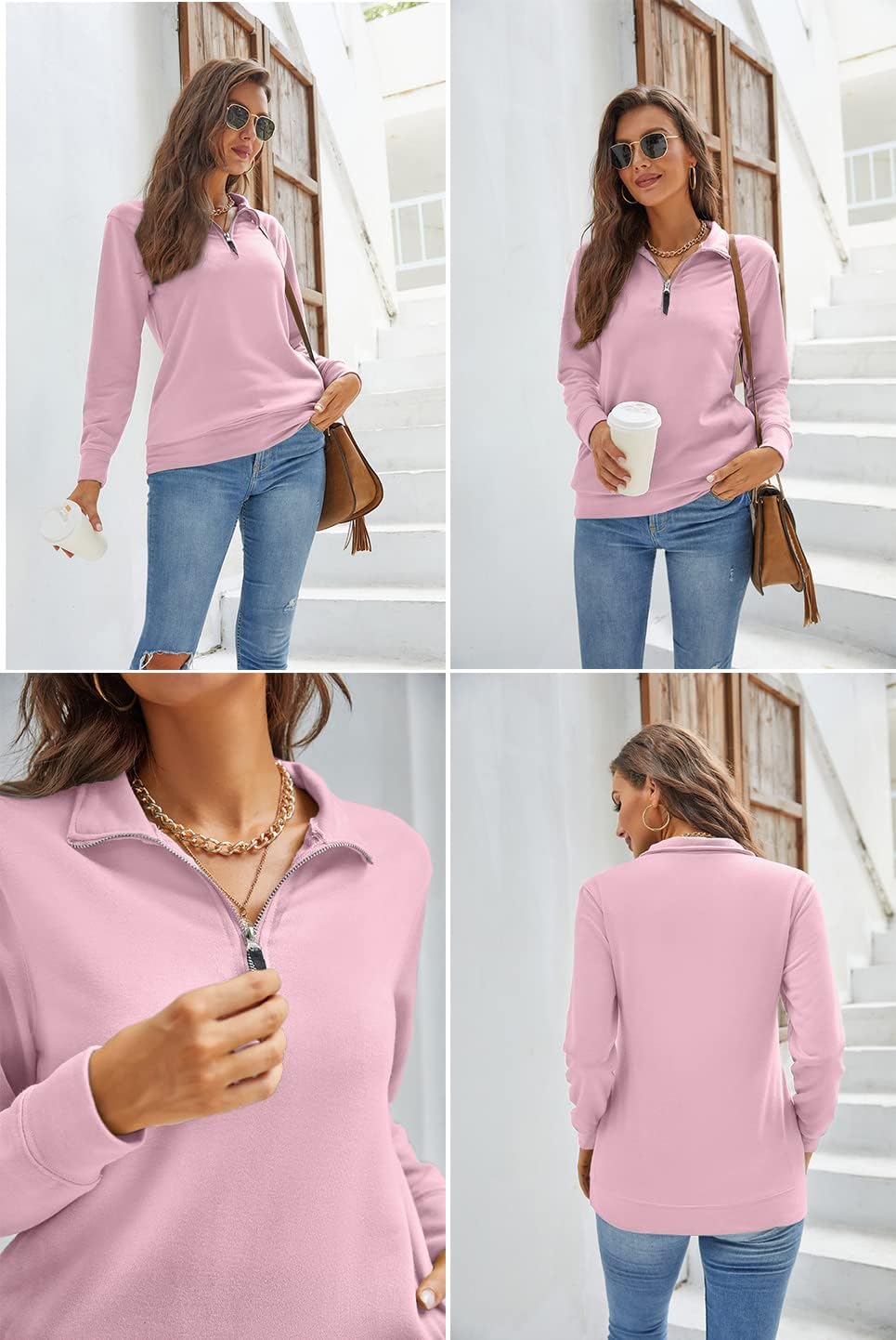 Samefar Womens Warm Cozy High Neck Long Sleeve Solid 1/4 Zip Pullover Sweatshirts with Pockets - Image 4