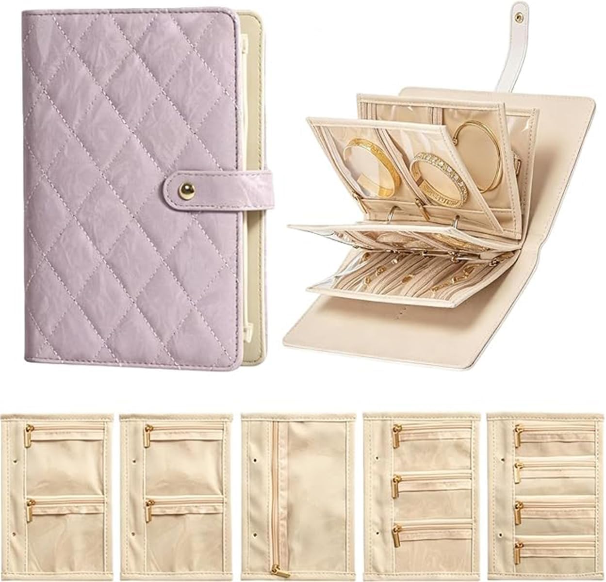 Travel Jewelry Notebook with 5 Detachable Pages, Pu Leather, Travel Jewelry Organizer Case with Zipper, Clear Velvet Pouch, for Rings, Necklaces, Earrings