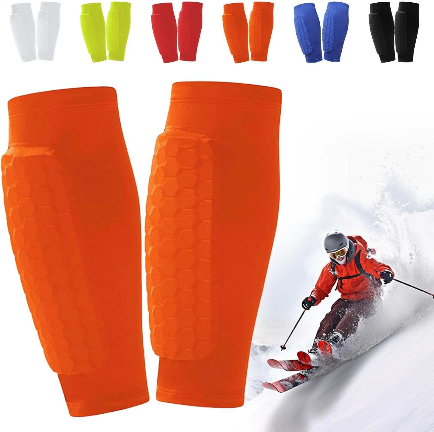 Ski Shin Guards Gel, Ski Guard Socks, Ski Guards Shin Pads, Shin Defender, Breathable Elastic Gel Guard Anti Collision for Skiing, Legs Protection, Suitable for Boys, Teenagers, Adults (Orange, XL)