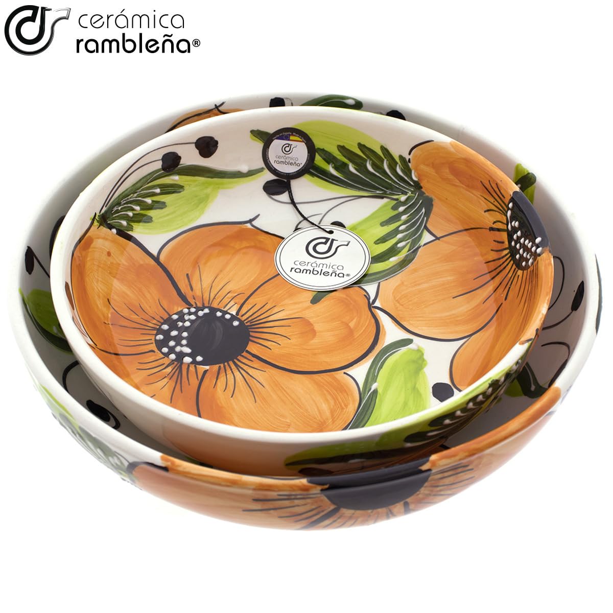 CERAMIKA RAMBLEŃSKA | Ceramiczna miska do sałatek | Oryginalne salaterki | Zestaw x 2 dekoracji misek do sałatek pomarańczowych - model 27 | Dekoracja w 100% ręcznie robiona | 24x24x5,5 cm + 27x27x7