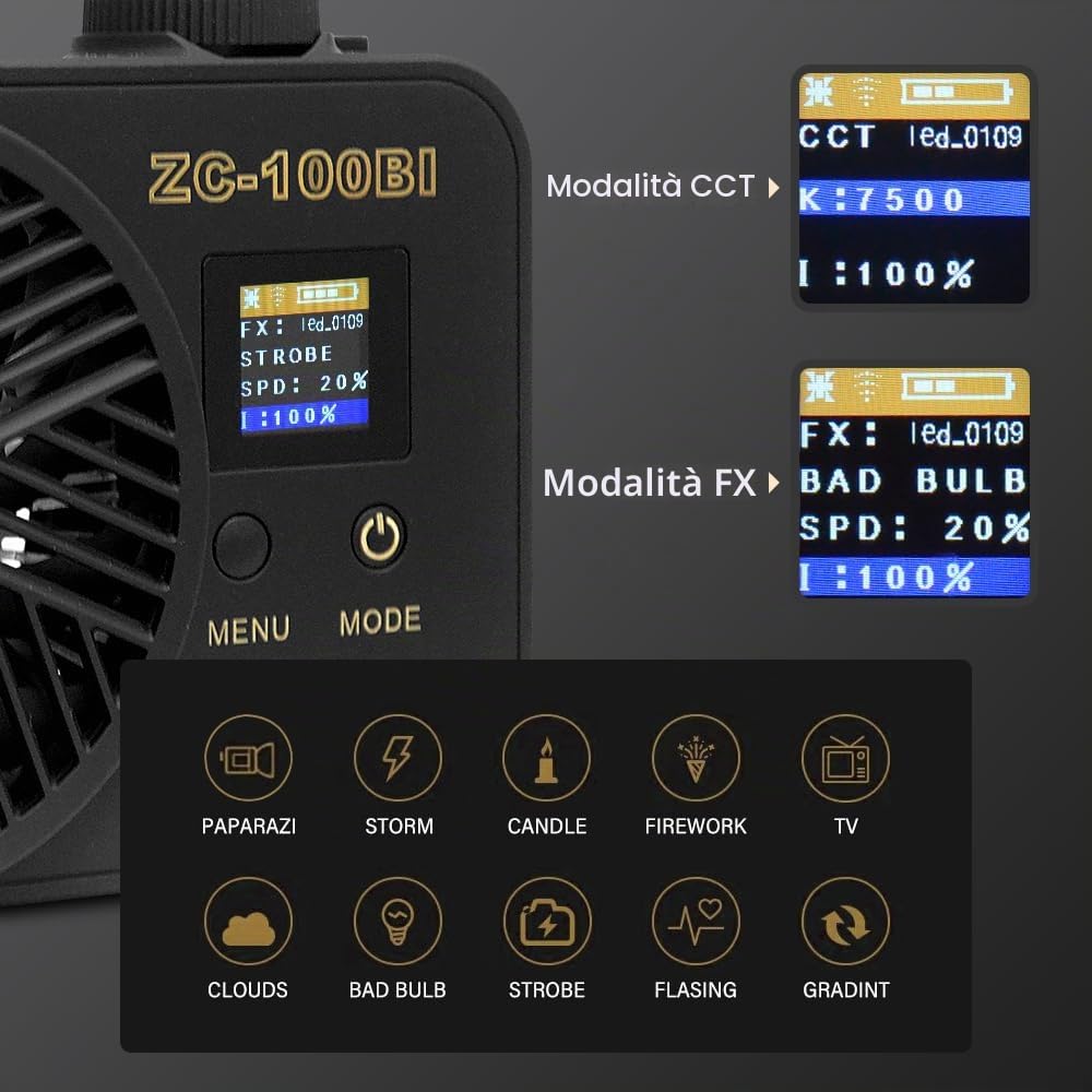 ZC-100BI 100W COB Video Light con Bowens Mount, 10000Lux/m 2700K-7500K Bicolor Camera Light con 10 Simulazioni Scenario Controllo Illuminazione Continua per Fotografia