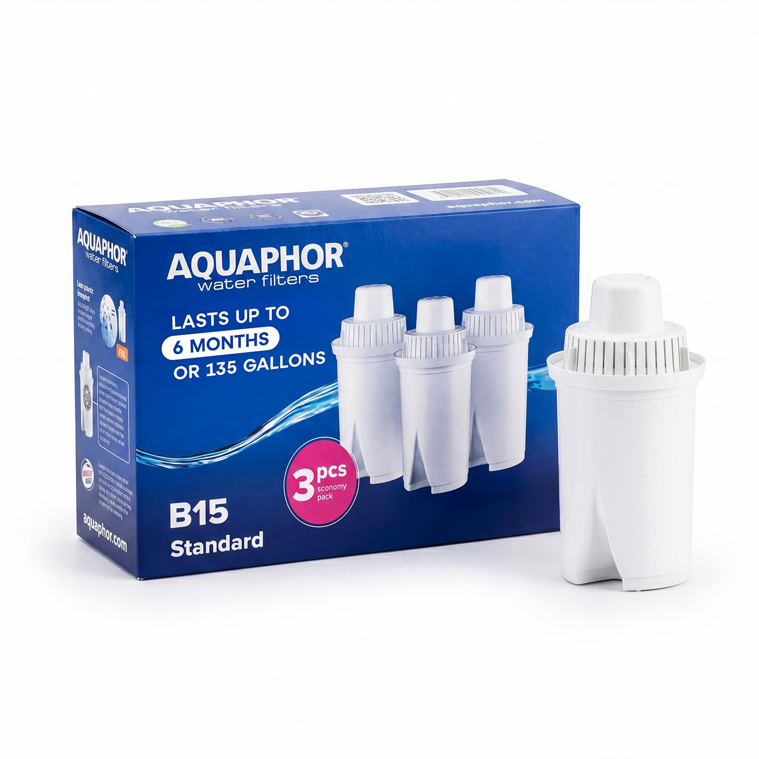 AQUAPHOR B15 Universal Replacement Water Filter cartridges, fits All Brita Classic and Wilkos Universal Water Filter Jugs, 3 Pack, 170l per Filter