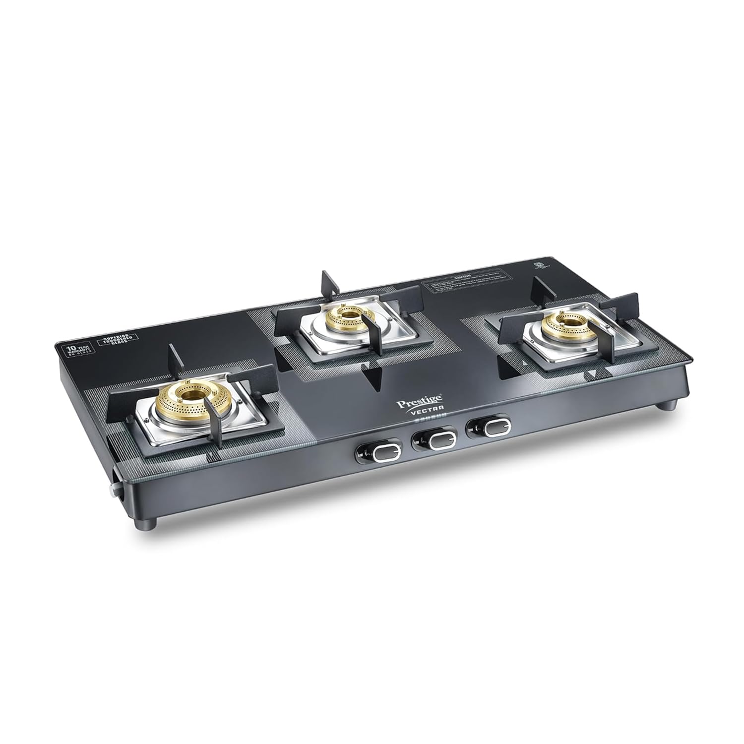 Prestige Vectra 3 Burner Glasstop Gas Stove|Superior Toughened Glass|Jumbo Brass Burner|3-Way Gas Inlet|360 Degree Revolving Nozzle|10 Years Warranty on Glass|Black,open-image-21
