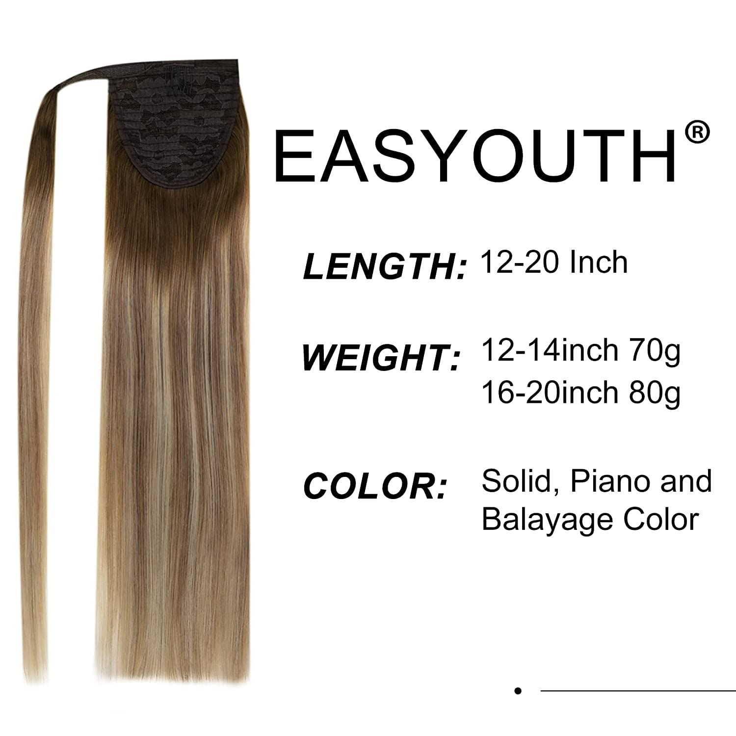 Easyouth Extensiones Cola Pelo Natural Balayage Castaño a Rubio Ponytail Hair Extensiones Pelo Remy Extensiones Cabello Humano Coleta 50cm 80g