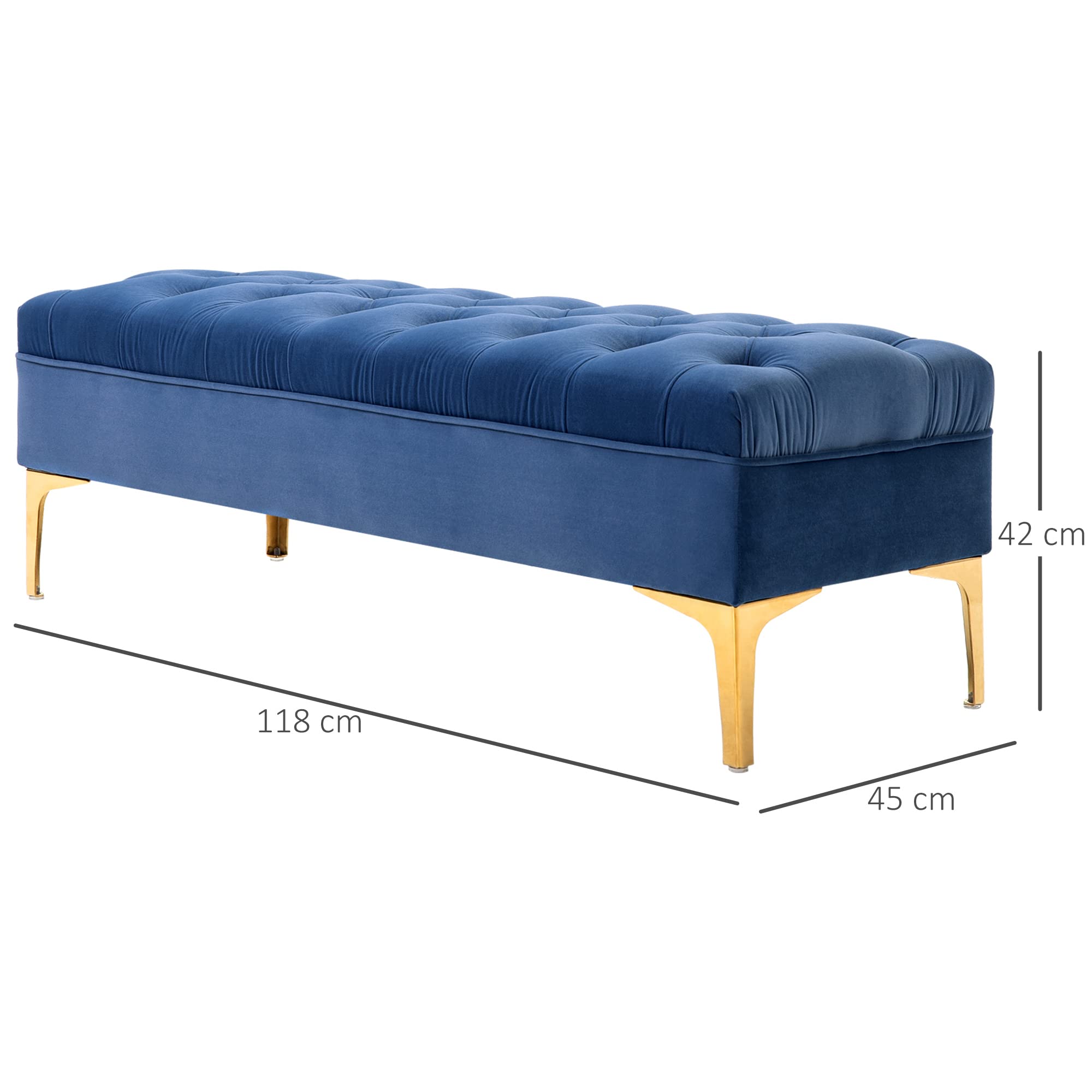 HOMCOM Banc Banquette capitonnée Bout de lit Style Classique Chic dim. 118L x 45l x 42H cm piètement métal doré Velours Bleu