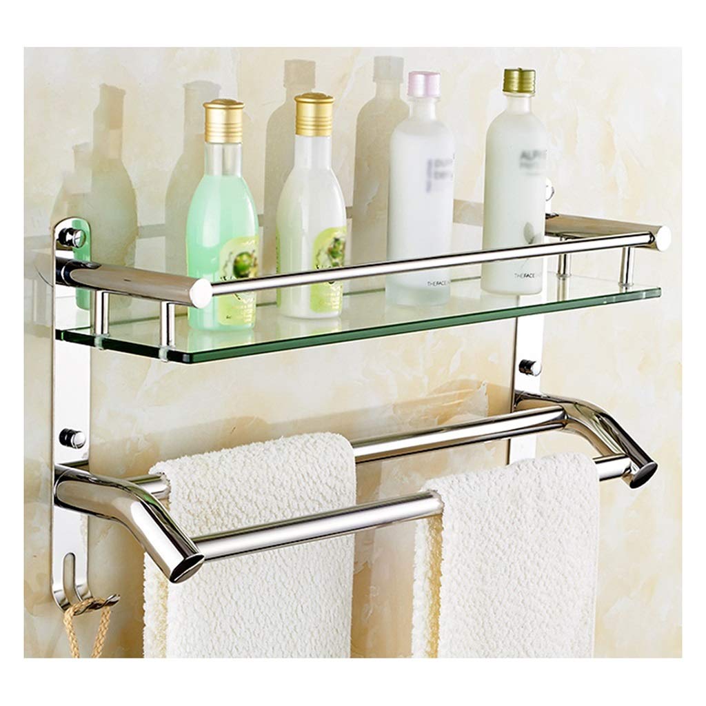 Estante de cristal para baño montado en la pared con doble toallero y gancho, elegante estante de almacenamiento para cocina y ducha (una sola capa, 50 cm)