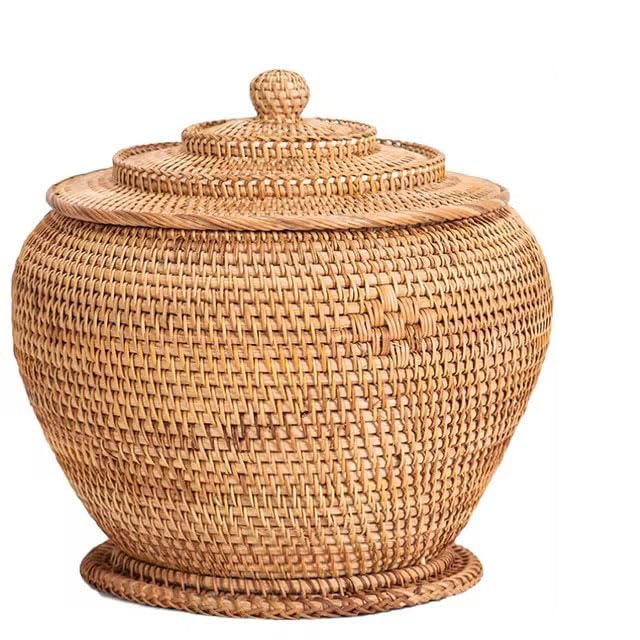 Basket Storage Rattan Woven Baskets with Lid Round Wicker Fruit Boxes Decorative Tray Lids Sundries Mini Snack Bread Organizer (11)