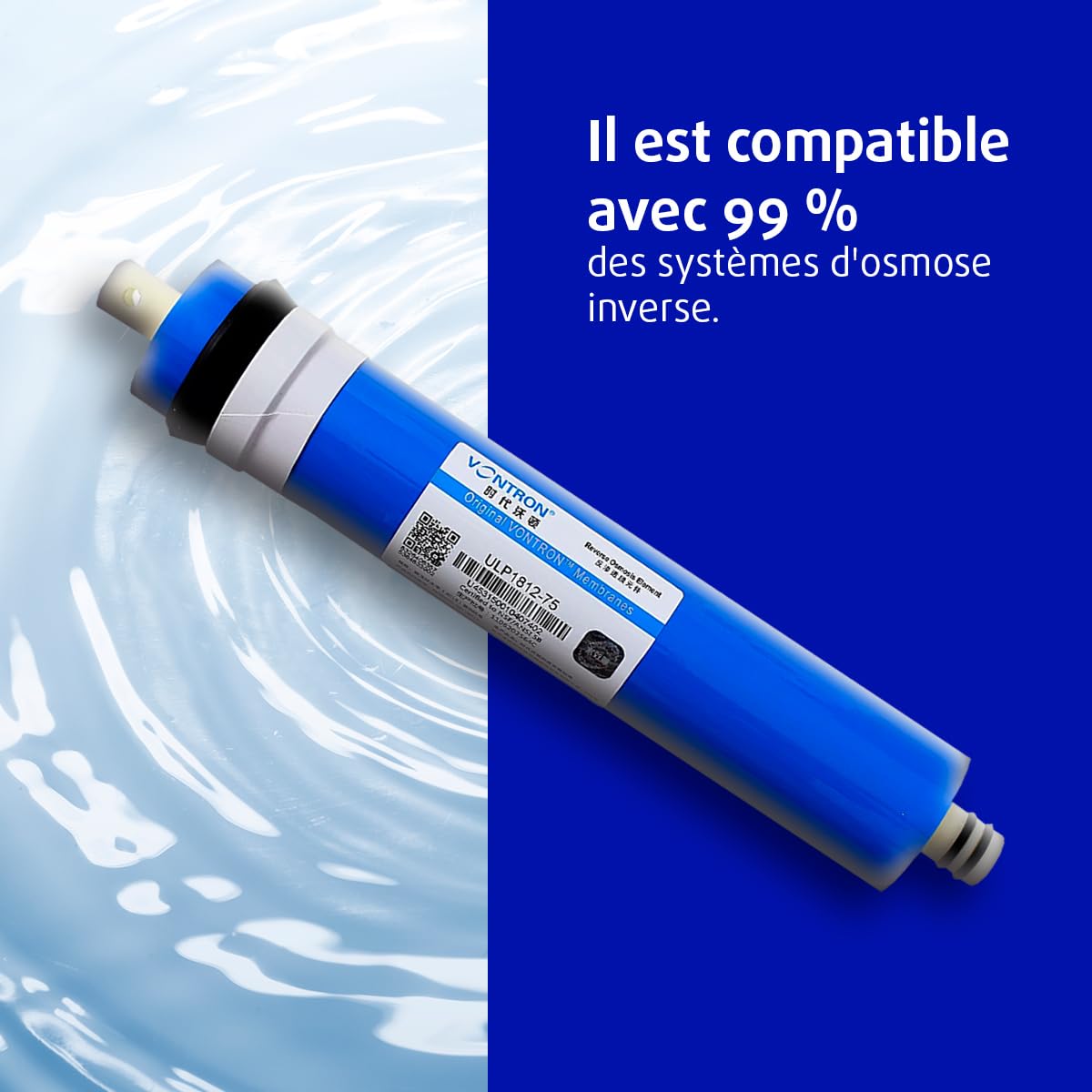 NATURE WATER PROFESSIONALS Membrane Vontron idéale pour l'osmose inverse - 75GPD - L'élimination des sels inorganiques, des métaux lourds, des matières organiques et des matières chimiques