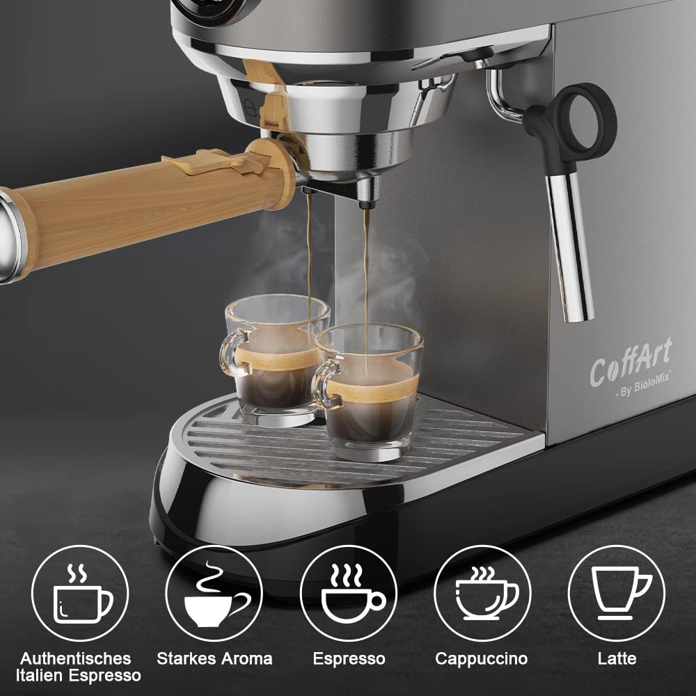 Biolomix Espressomaschine Siebträgermaschine 20 Bar,Filterhalter mit Doppelauslauf,Milchaufschäumdüse,abnehmbarer Wassertank, für 1-2 Tassen,Espresso,Cappuccino und Latte Machiato (CM7008-EU)