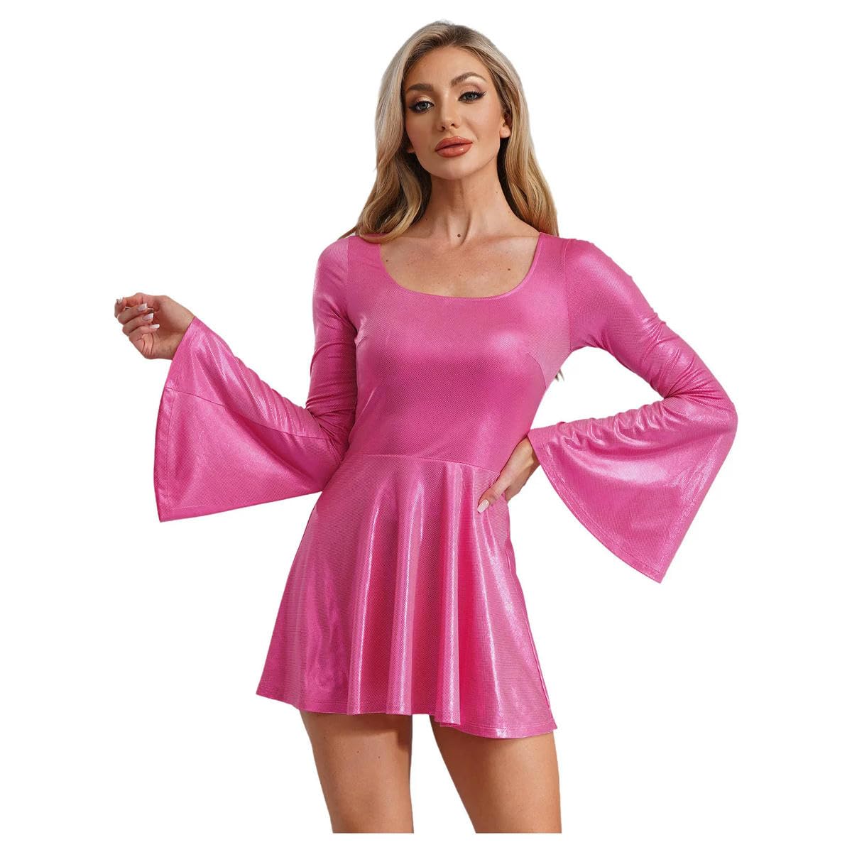 Vestido corto ajustado para mujer, manga larga, espalda recortada, cintura alta, vestido de línea A, vestido corto metálico, vestido de fiesta y vacaciones