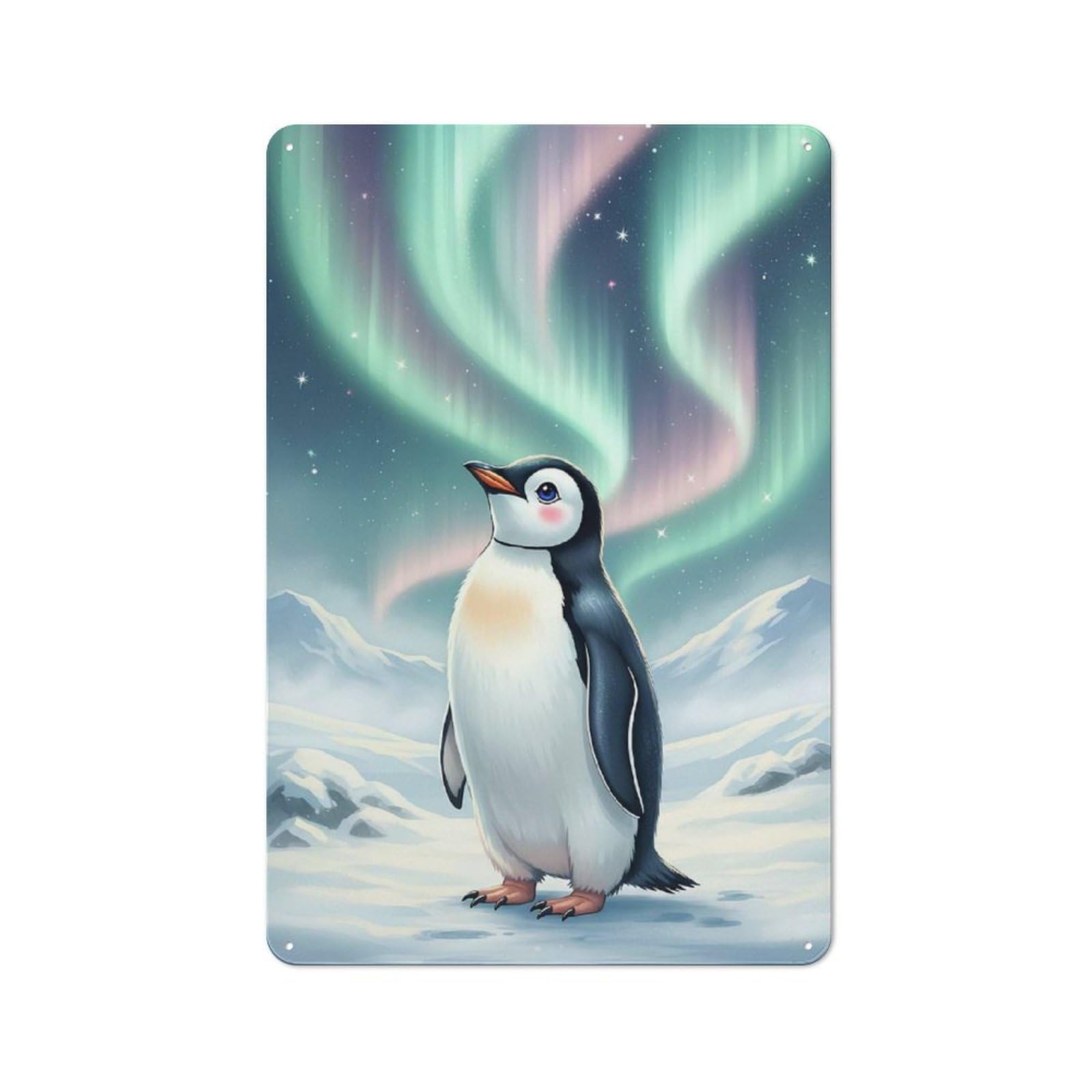 Cartoon Penguin Under Aurora Borealis Decorative Metal Sign 30x20cm, Country Style Bistro Wall Plaque for Kitchen, Cafe, Pantry Or Dining Room