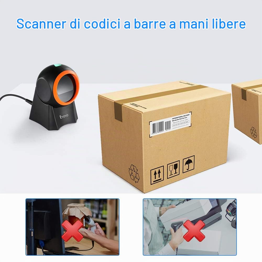 Eyoyo 1D 2D QR Scanner di codici a barre desktop con grande finestra di scansione, lettore di codici a barre a mani libere Scanner con piattaforma di scansione dello schermo QR per magazzino, PC