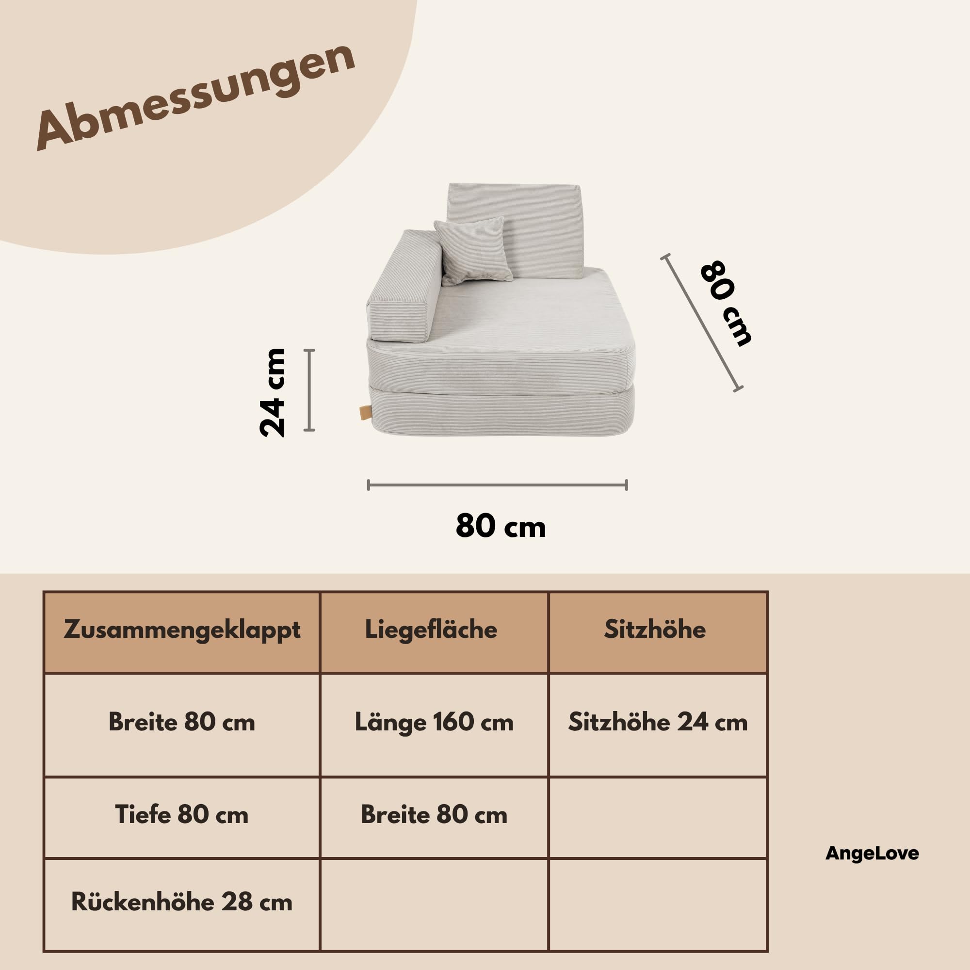 Angelove Kindersessel 3‑in‑1 - Faltbare Kindercouch & Spielmatratze aus Cord, Bequemer Spielsofa‑Sessel ab 1 Jahr, Beige