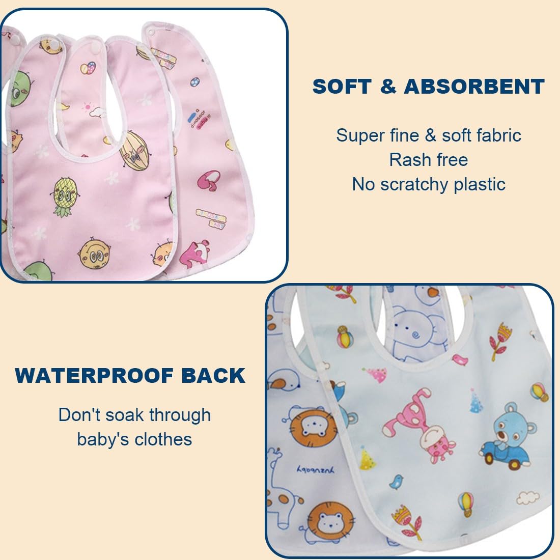 Baberos Impermeable para Bebé Dentición, Reutilizable Doble de Terciopelo 10 Piezas Amarillo Rosa Azul